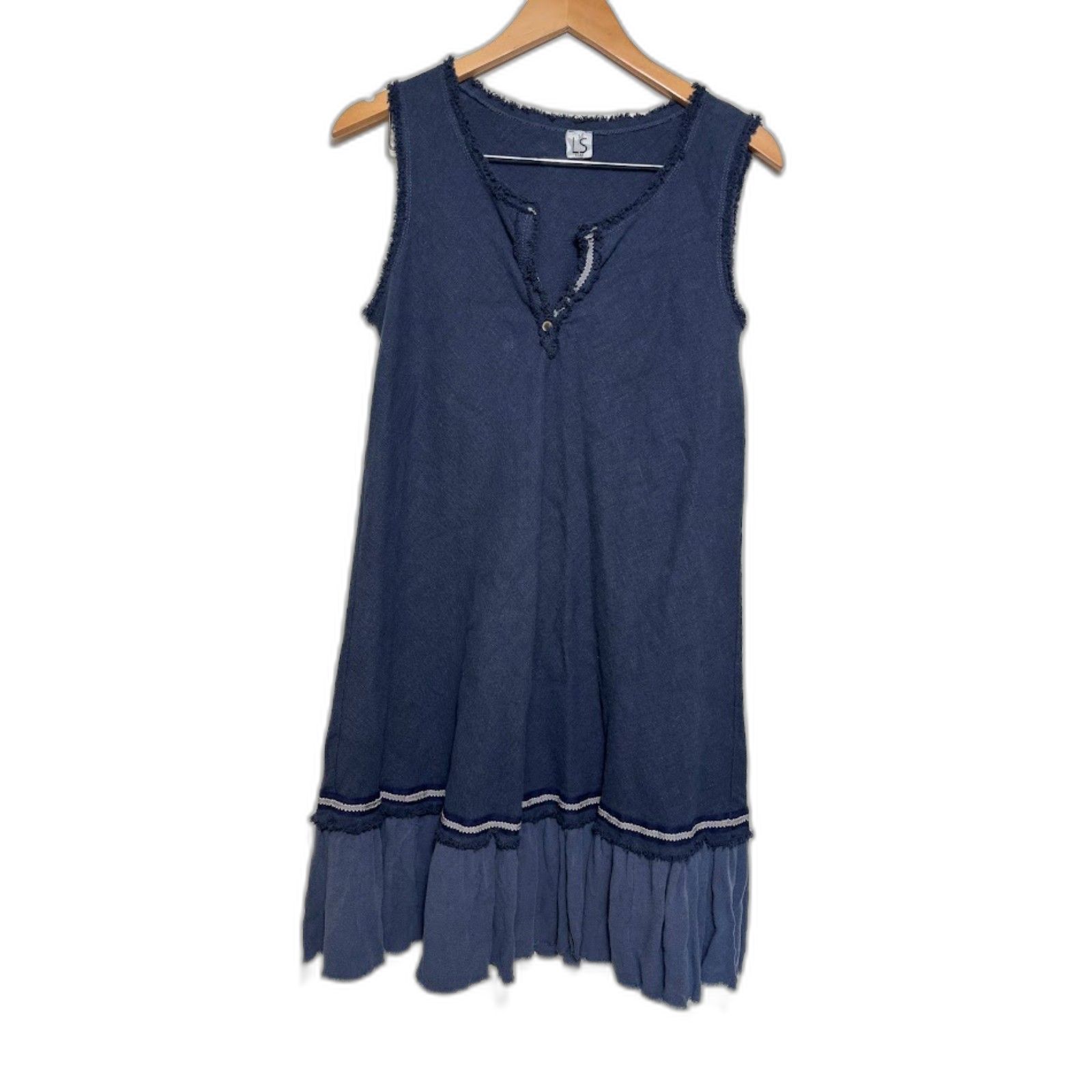 Ls Star Tunic Dress Women's Size 1 M/L Navy Blue Ramie Lagenlook Art To Wear